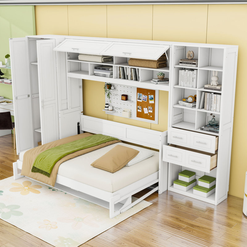 Lit escamotable en bois avec 2 tiroirs, tablettes et garde-robe, Double, Blanc
