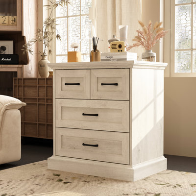 Commode d'appoint moderne rustique avec quatre tiroirs, poignées en métal noir - chêne clair vieilli