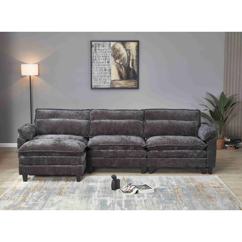 Canapé modulaire en L avec repose-pieds Luqi, Chenille noir, H 35,8 po x l 115 po x P 52,4 po