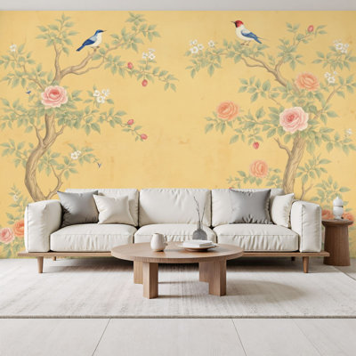 Papier peint adhésif rétro vintage à motif floral, oiseaux roses, jaune doux, papier peint amovible H 69 po x l 96 po, adhésif mural en PVC pour le salon de la chambre à coucher