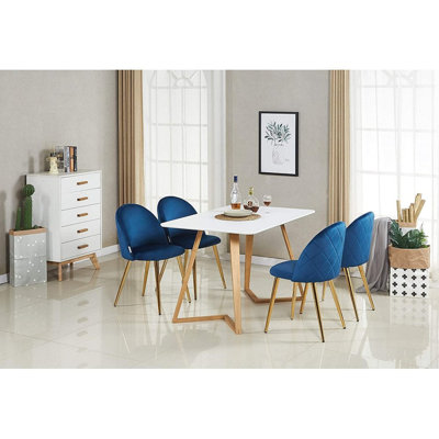 Gunhilda 4 Person Dining set - a Rectangular Plastic Dining Table with Wooden Legs and a Set of 4 Quilted Velvet Dining Chairs for Dining Room - Modern Dining Table Set