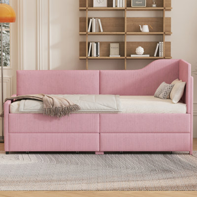 Twin Size L-Shaped Corduroy Daybed,Upholstered Bed Frame With 2 Storage Drawers -  Lark Manor™, 2D040B2439E4470EA778E89844693982