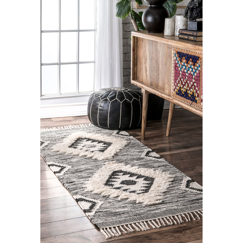 Adi Moroccan Lattice Hand-Knotted Wool Fringed Gray Area Rug, Runner 2'8" x 14'