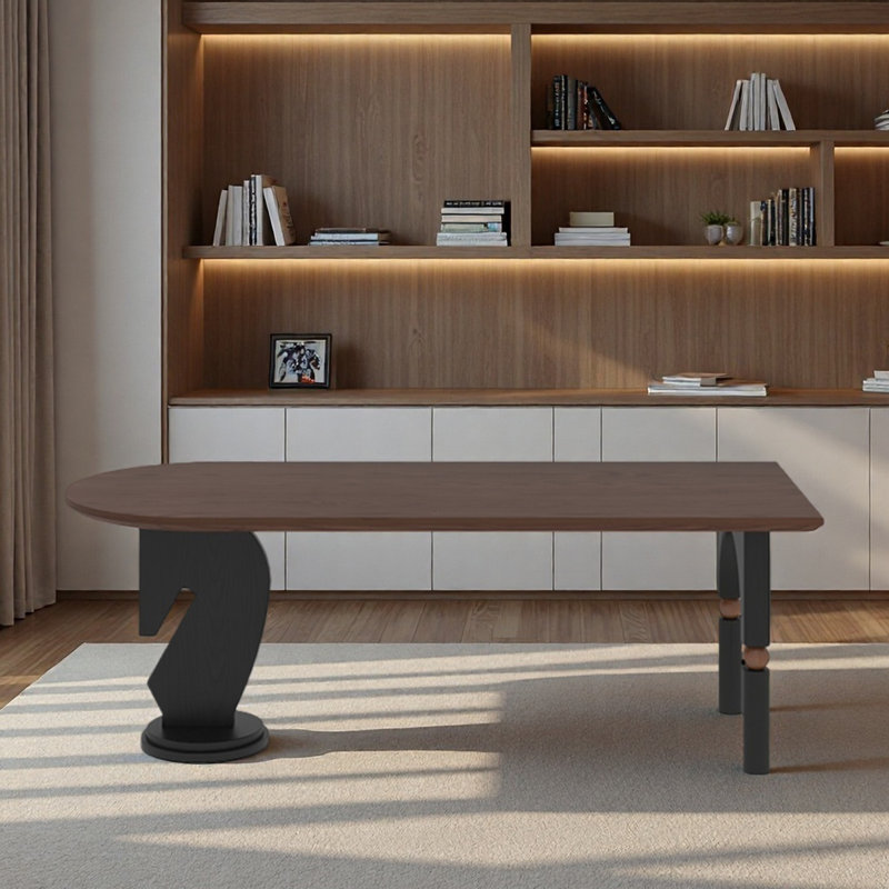 Un bureau en bois semi-circulaire avec une tablette spacieuse, H 29,53 po x l 70,87 po x P 31,5 po