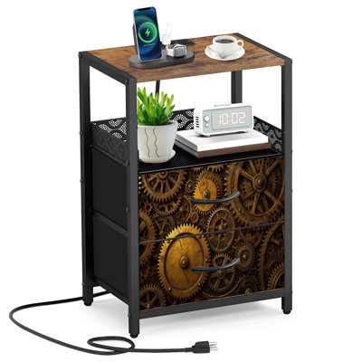 Rustic 2 Fabric Drawers Night Stand with Charging Station Intricate Steampunk Gears Cogs Vintage Bronze Tones Bedroom Bedside Table End Table with Open Shelf USB Ports and Outlets