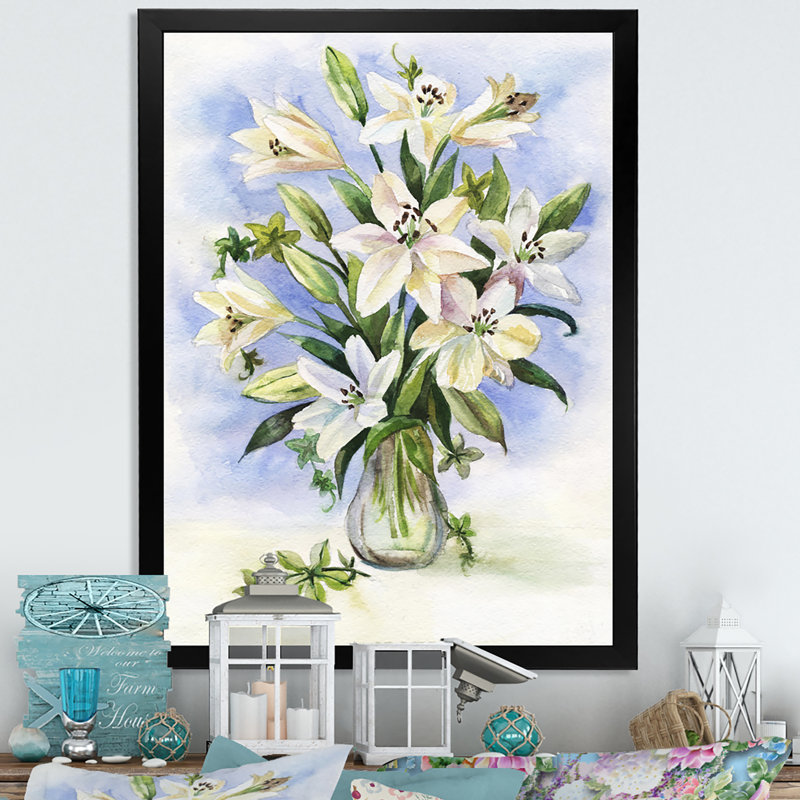 Bouquet de lys blancs - Décoration murale traditionnelle sur toile, Impression noire sur toile encadrée