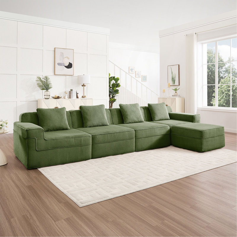 Canapé modulaire modulaire en L à 4 places sans os, canapé modulaire Cloud avec assise profonde, canapé modulaire moderne à 4 places avec coussins décoratifs et 1 repose-pieds mobile, tissu en velours côtelé