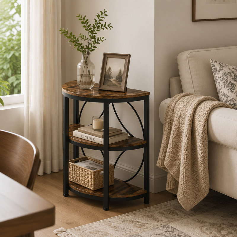 Half-Round End Table, 3-Tier Narrow Side Table with Metal Frame