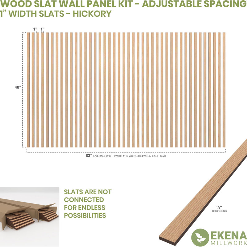 Adjustable Wood Slat Wall Panel Kit, 2"W x 94"H x 0.25"T, Hickory