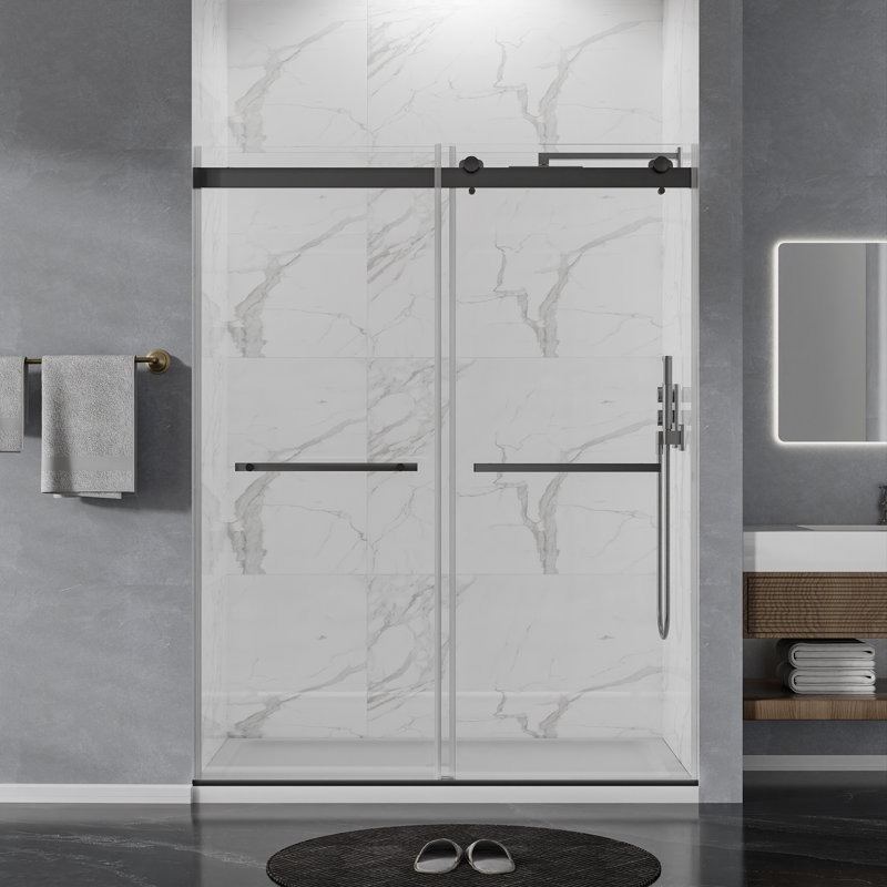 55-59＂W X 75＂H Double Sliding Shower Door With 5/16＂tempered Glass, Frameless Shower Door, Bathroom, Black