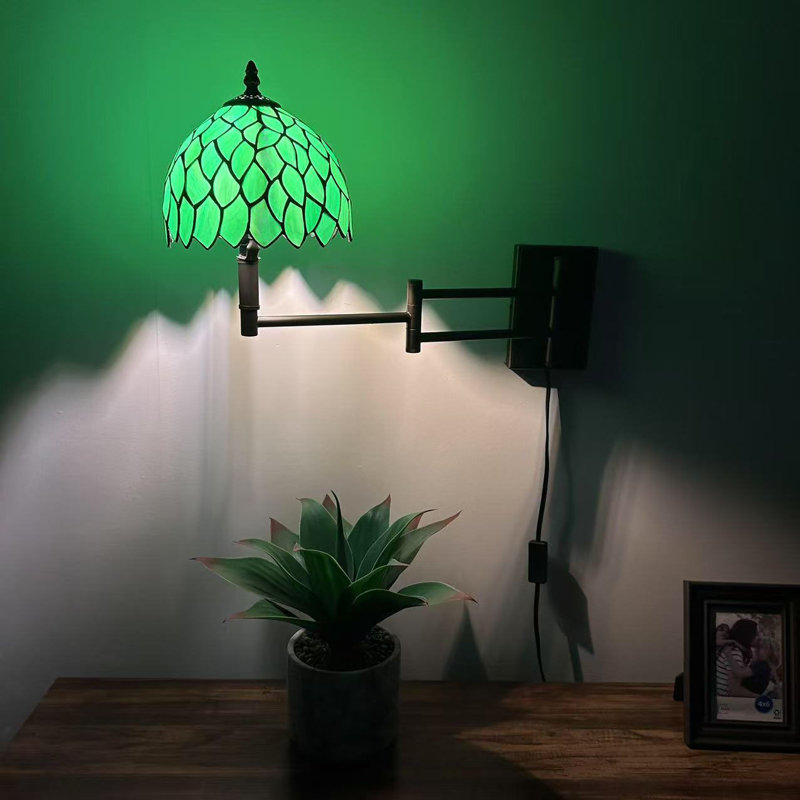 Tiffany Sconce Lamp Plug in Swing Arm Green Stained Glass LeavesLED Bulb Included 13”W*8”D*15”H