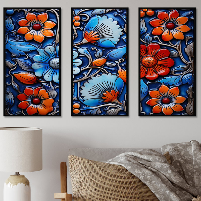 Floral bohème bleu et orange mosaïque 5 - Boho mosaïque murale, H 28 po x l 36 po x P 1 po, Cadre flottant noir