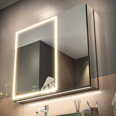 Armoire à pharmacie avec miroir DEL pour la salle de bain avec porte, désembuage, gradation, mode 3 couleurs