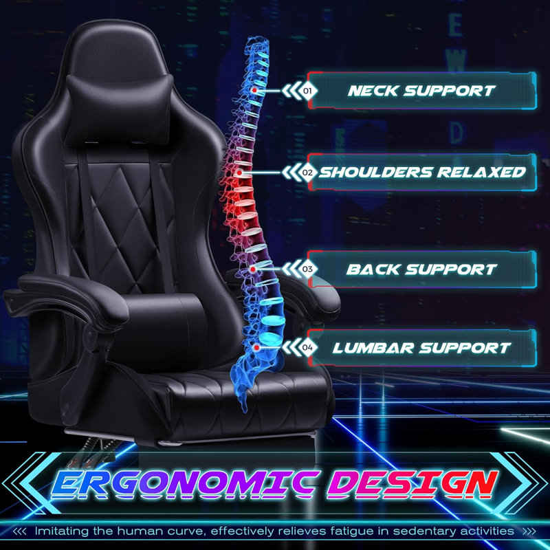 Gaming Chair with Footrest and Massage Lumbar Support, Ergonomic Computer Seat Height Adjustable with 360°Swivel and Headrest, Black