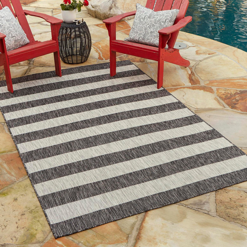 Hay Bale Striped Charcoal Gray/Gray Indoor / Outdoor Area Rug, Rectangle 7'10" x 10'