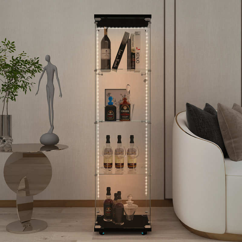 Vitrine en verre trempé, armoire à vin, armoire de rangement avec bande lumineuse à DEL Bluetooth, Noir, noir, noir, noir