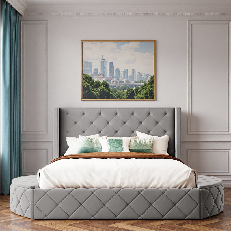 Lit plateforme tapissier avec tête de lit à oreilles, 1 grand tiroir et 2 tabourets de rangement latéraux, Gris