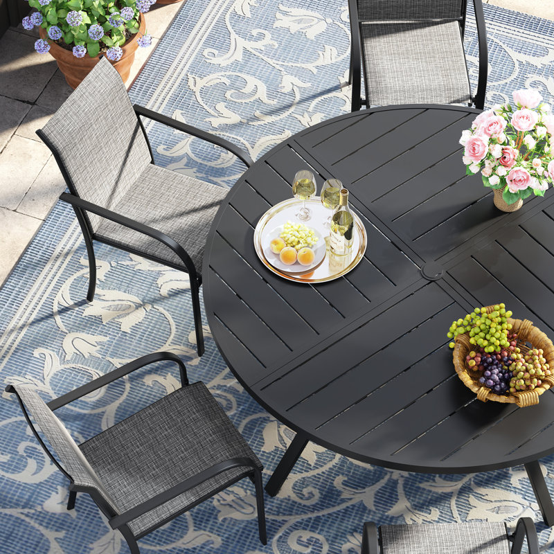 7-Pieces Round Patio Dining Set With Stackable PVC-coated polyester Chairs, Black/Gray