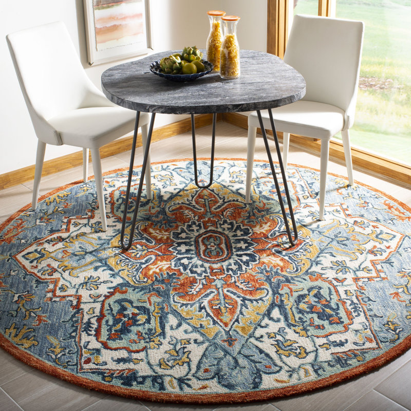 Blue and Rust Round Tufted Wool Floral Rug