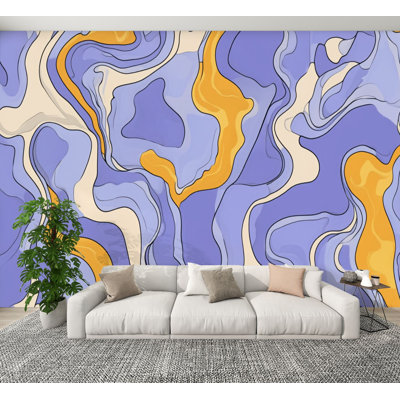 Peel and Stick Wallpaper Abstract Flowing Marble Lavender Blue Cream Golden Yellow Wall Murals 100"H x 144"W Removable PVC Wall Paper Self-Adhesive Wall Decor for Bedroom Living Room Home Office