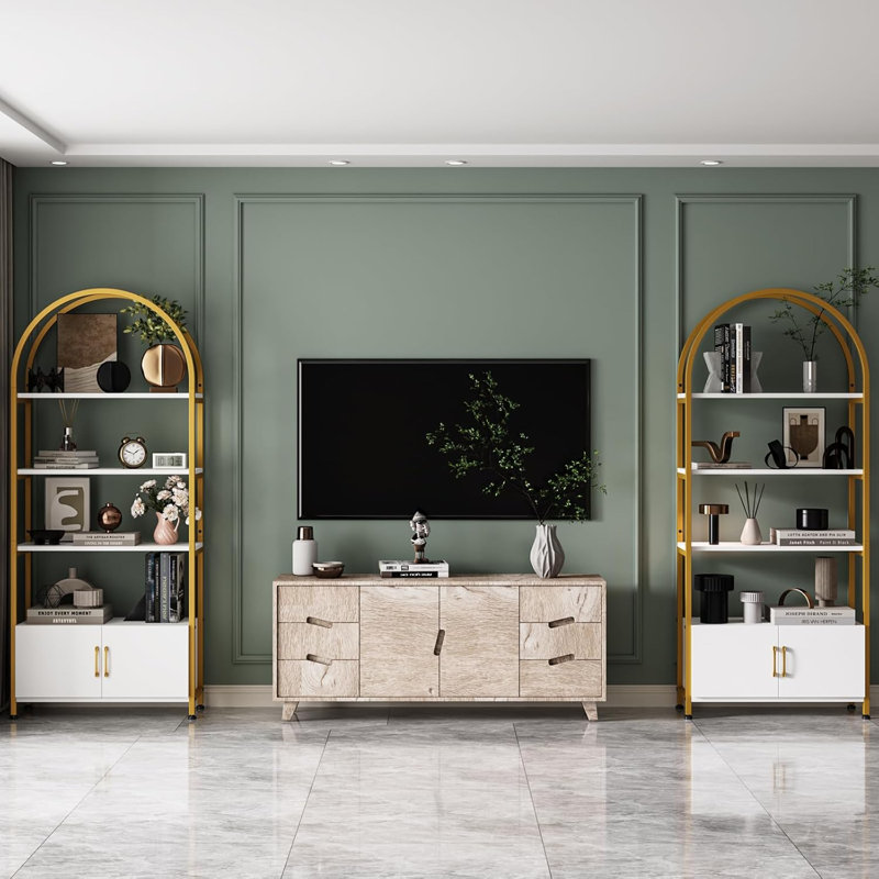 Arched Bookshelf, Bookcase With Doors Storage, Gold