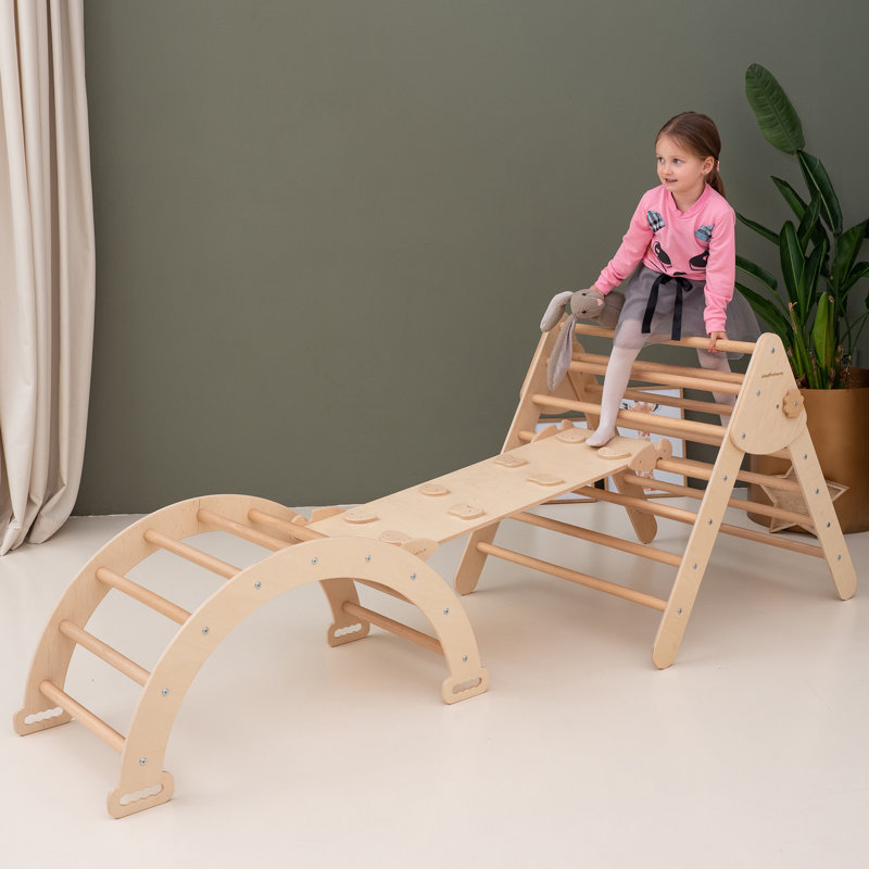 Natural Wood Montessori Climbing Set with Slide and Arch