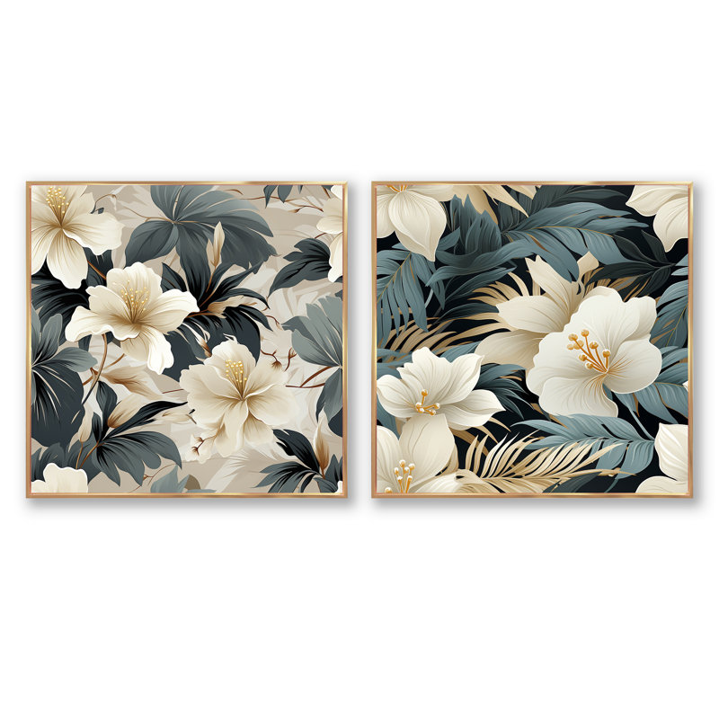 Northfields - Ensemble de 2 collages carrés floraux, H 16 po x l 33 po, Cadre flottant doré
