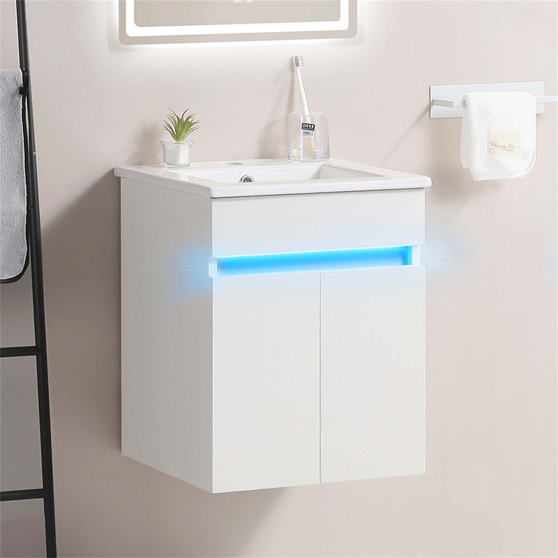 Meuble-lavabo mural 16 po avec lavabo, lumière radar, espace de rangement pour les petits espaces Niamin