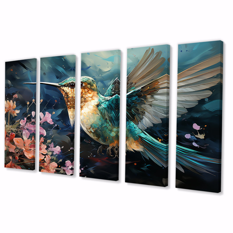 Colibri vert émeraude en fleurs II - Colibri 5 pièces, art mural pour le salon, H 28 po x l 60 po
