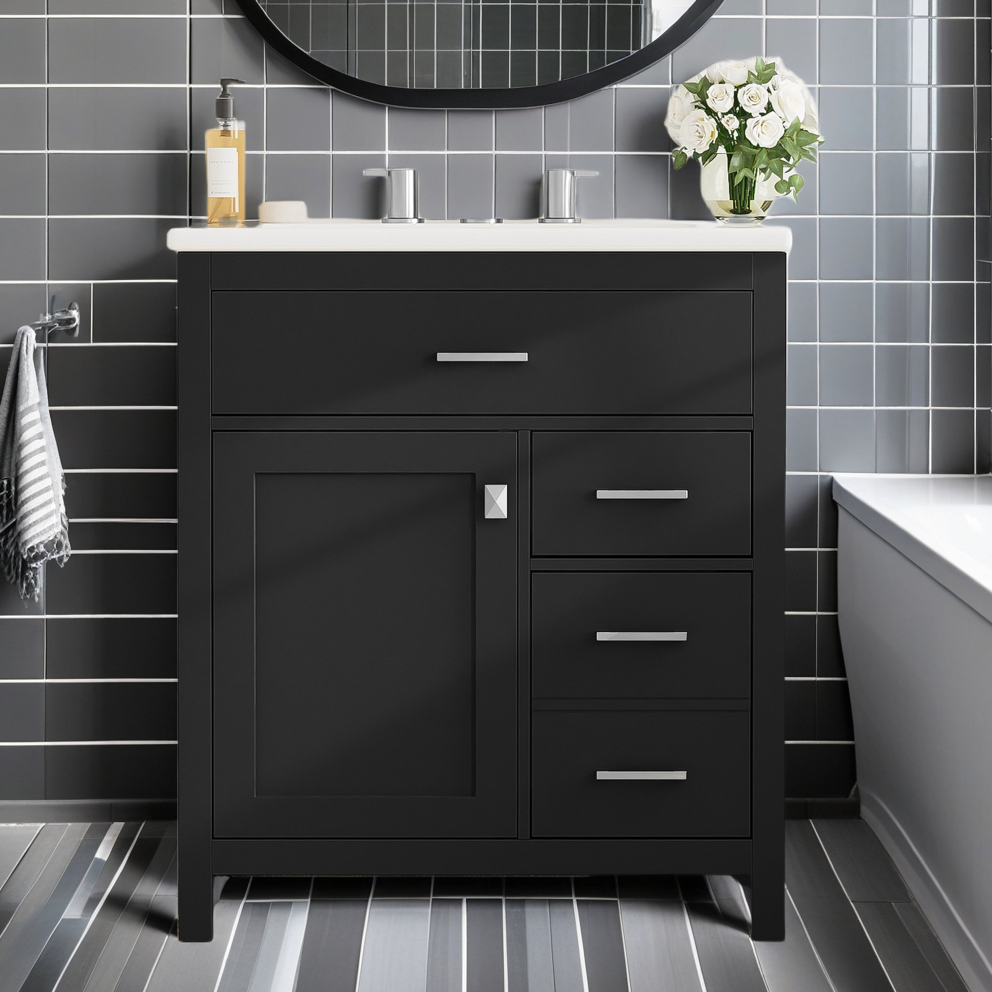 Magiccactus 30-Inch Black Bathroom Vanity With Ceramic Sink And Ample ...