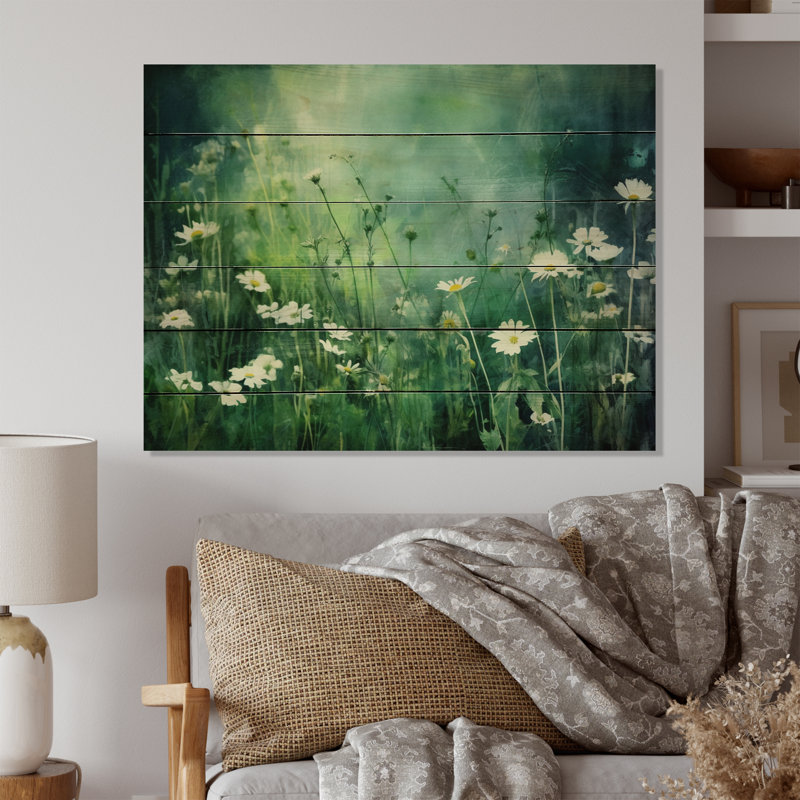 Motif de fleurs sauvages vertes sur bois, H 10 po x l 20 po x P 0,78 po