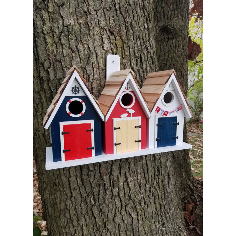 Nautical Red, Blue, and White Wooden Birdhouse Trio