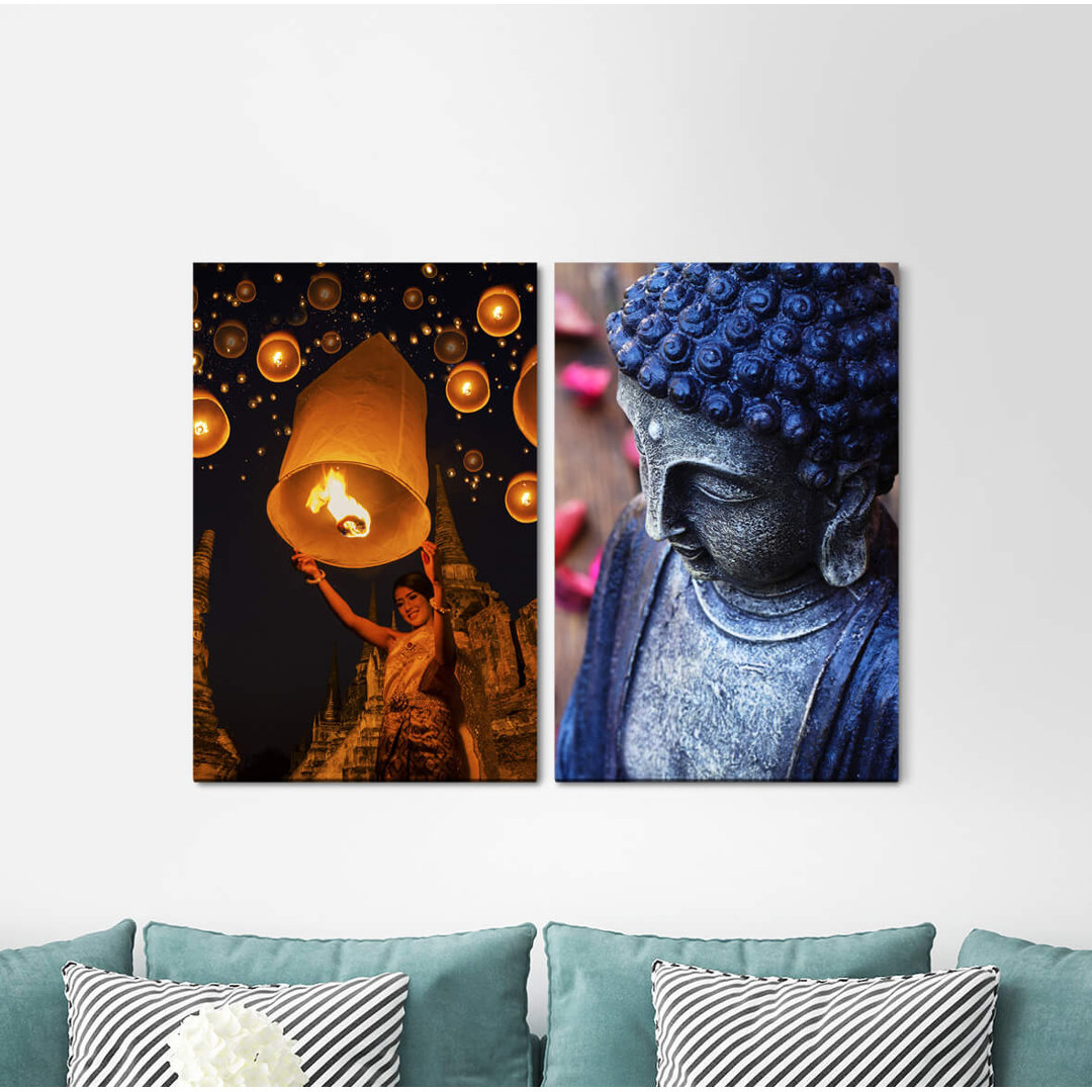 2-tlg. Leinwandbilder-Set - Fotografie "Buddha Sternenhimmel-Universum-Milchstraße-Meditation-Wiedergeburt-Karma"