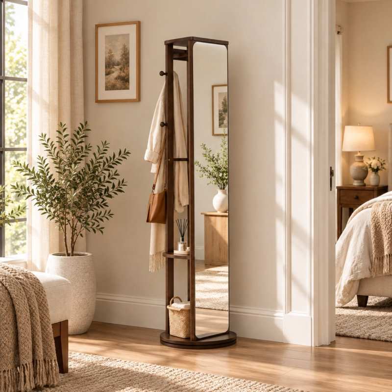Armoire de toilette pleine grandeur en bois d'hévéa massif avec crochets et tablettes de rangement