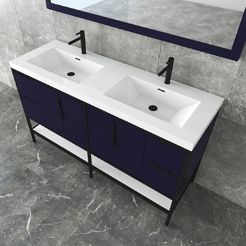 Ensemble de meuble-lavabo double l 59,5 ", Bleu nuit brillant