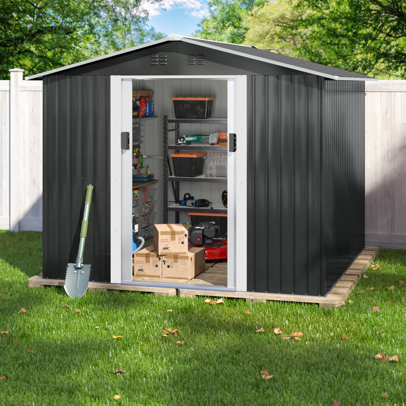 Gray 8' x 8' Metal Outdoor Storage Shed with Lockable Doors