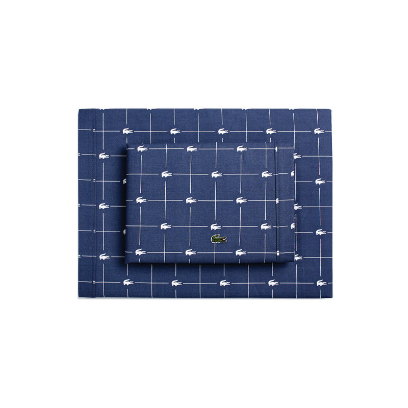 Lacoste Slice Geometric 100% Cotton Percale Sheet Set, Blue, Queen Sheet Set with 2 Pillowcases