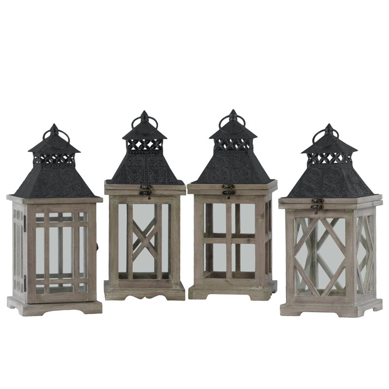 Wood Tabletop Lantern, Black/Brown, 16.5" H x 7" W x 7" D