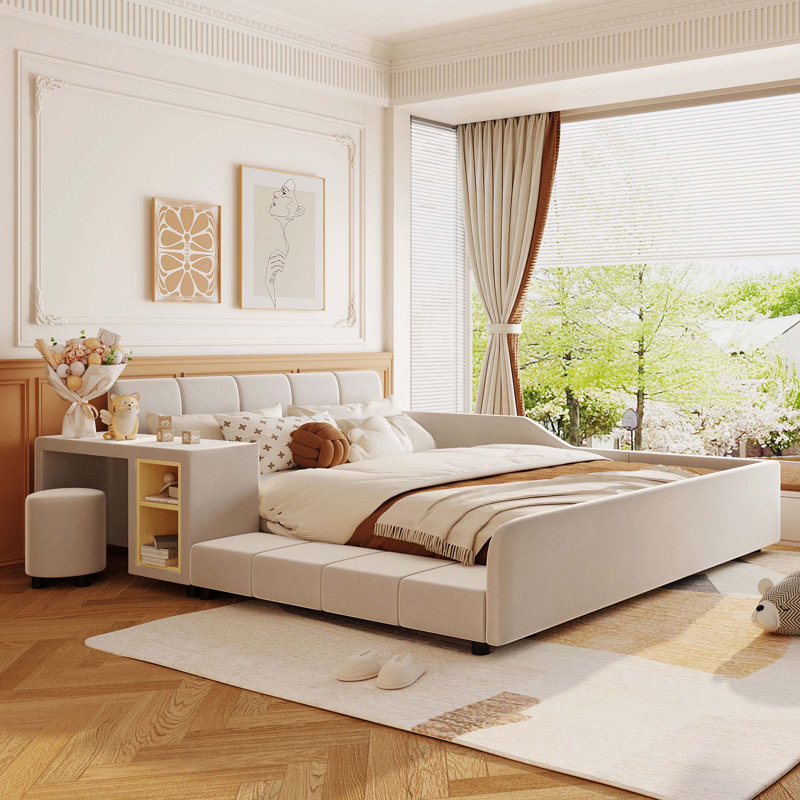 Lit tapissier à la terre, lit mère et enfant avec bureau de chevet et petit tabouret rond, Beige, Grand