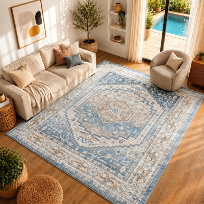 Machine Washable Traditional Boho Navy Blue Area Rug