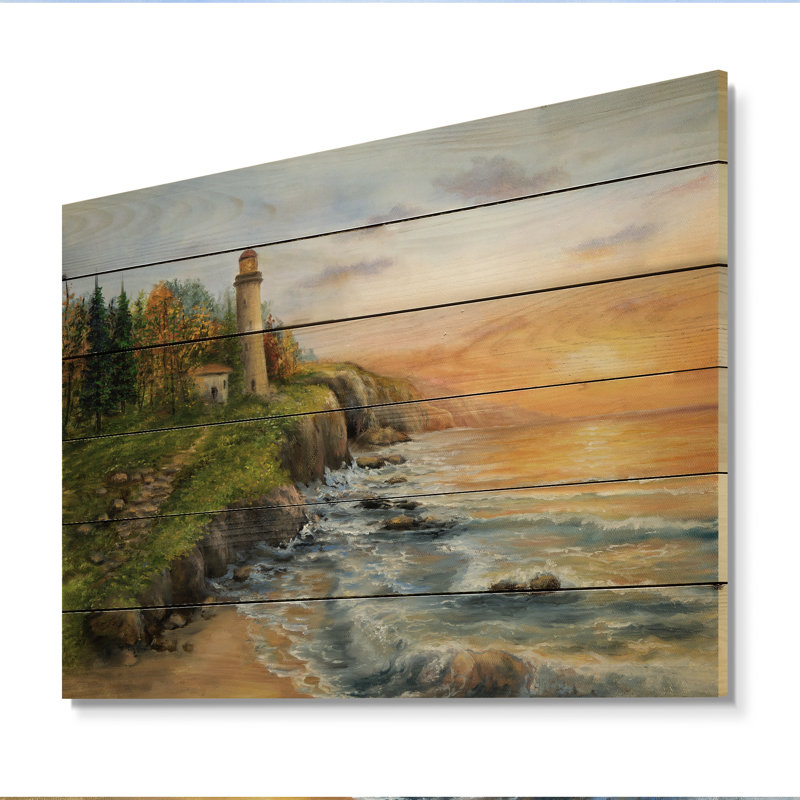 Phare sur les vagues de l'océan - Impression sur bois vert nautique et côtier, H 12 po x l 20 po x P 1 po