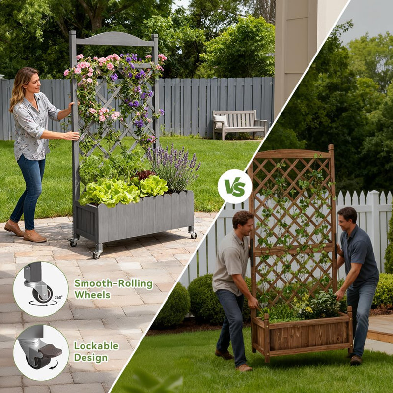  2 Pack Raised Garden Bed With Trellis And Wheels,48Inch Elevated Planter Box With Drainage Holes,Lattice Privacy Screen For Climbing Plants Vegetables,Outdoor For Patio Balcony Yard,Gray
