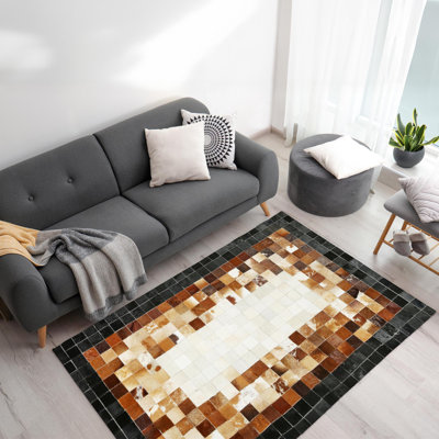 Tapis en cuir de vache naturel noir et brun patchwork 8,83 x 12 pi