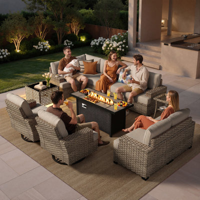 Tommy Wicker 9-person Modular Outdoor Sectional Seating Group With Swivel Chairs And Cushions, Patio Conversation Set With Fire Pit Table