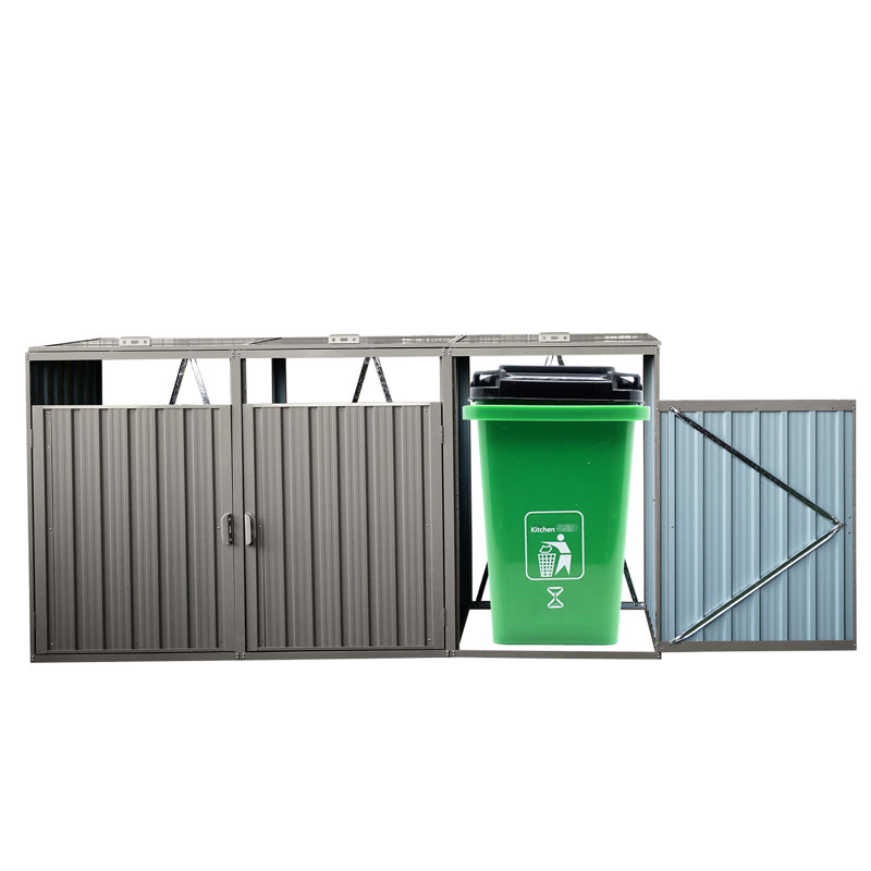 Remise en métal pour poubelle, grise - peut contenir 3 poubelles, en acier galvanisé, et facile à assembler pour conserver la corrosion, utiliser propre