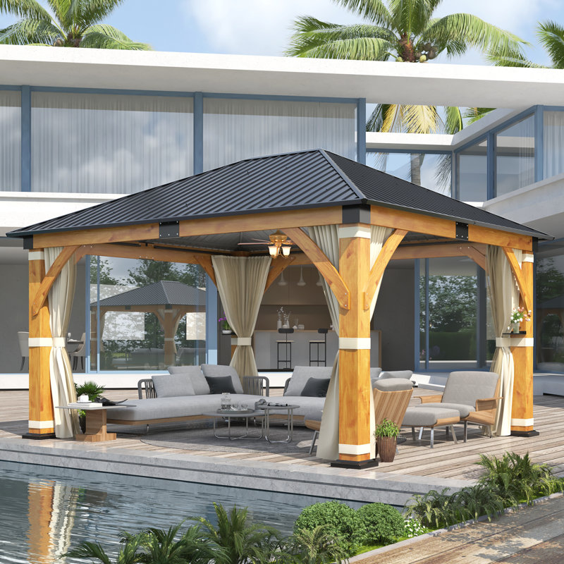 15 Ft. W x 13 Ft. D Outdoor Spruce Wood Gazebo - Galvanized Steel Hardtop with Curtain and Nettings, 15 ft. W x 13 ft. D