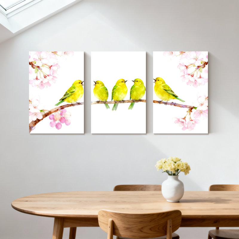 Oiseaux jaunes sur une branche de cerisier en fleurs, ensemble de 3 impressions sur toile, H 24 po x l 48 po