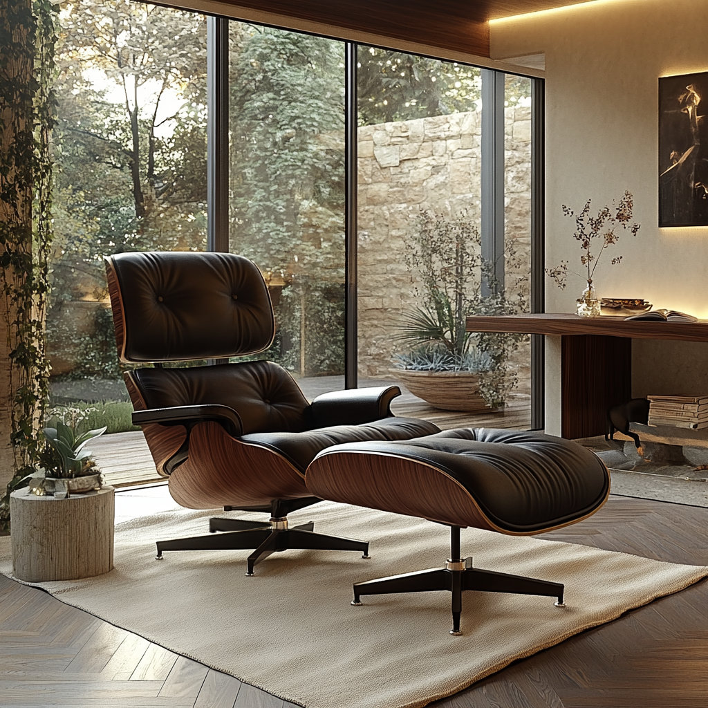 Corrigan Studio® Mid Century Genuine Leather Recliner Lounge Chair With Ottoman Solid Wood Frame Accent Chair | Dark Walnut & Black Leather