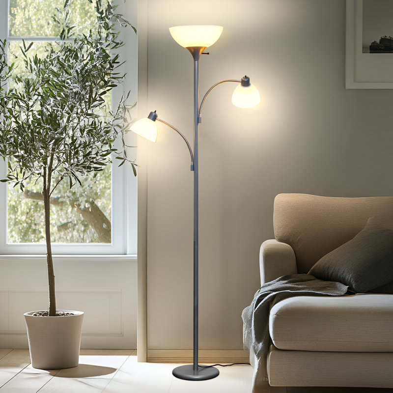 Sky Dome Double 72 in. Industrial 3-Way Dimming LED Silver Floor Lamp with 3 Versatile Adjustable Bowl Shades, Silver