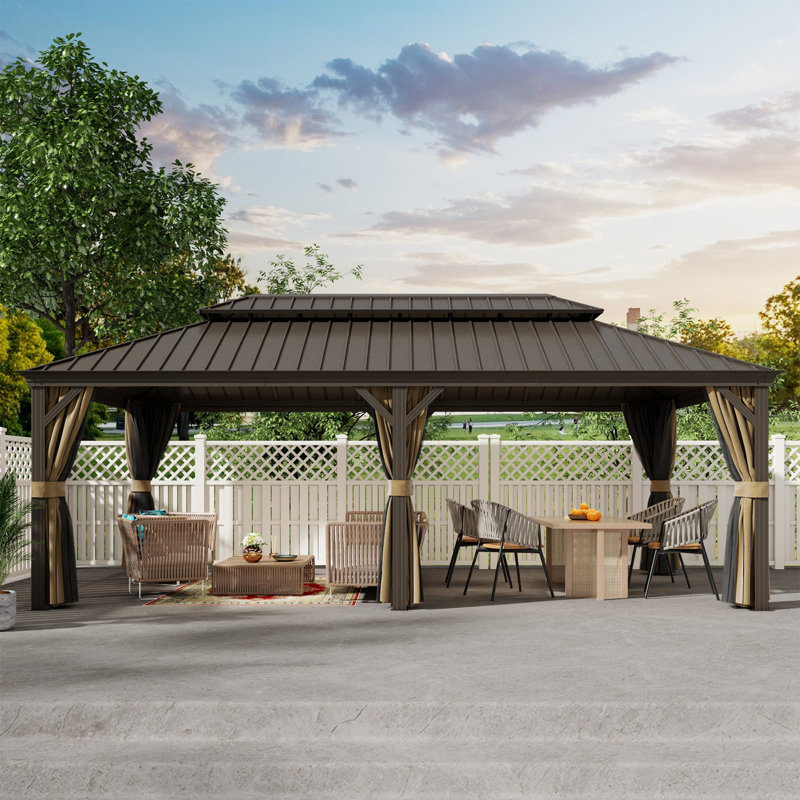 12 ft x 22 ft Hardtop Gazebo, Outdoor Aluminum Frame Galvanized Steel Double Roof Pavilion with UV & Weather Resistant Curtains for Patio, Garden, Backyard & Deck